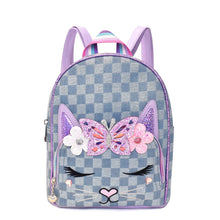 Load image into Gallery viewer, Miss Bella Kitty Cat Denim Checkerboard Mini Backpack
