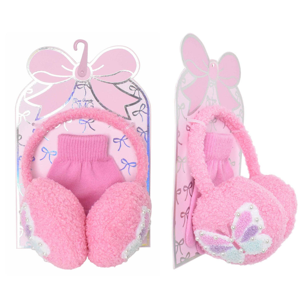 Chenille Pink Butterfly Ear Muff & Glove Set