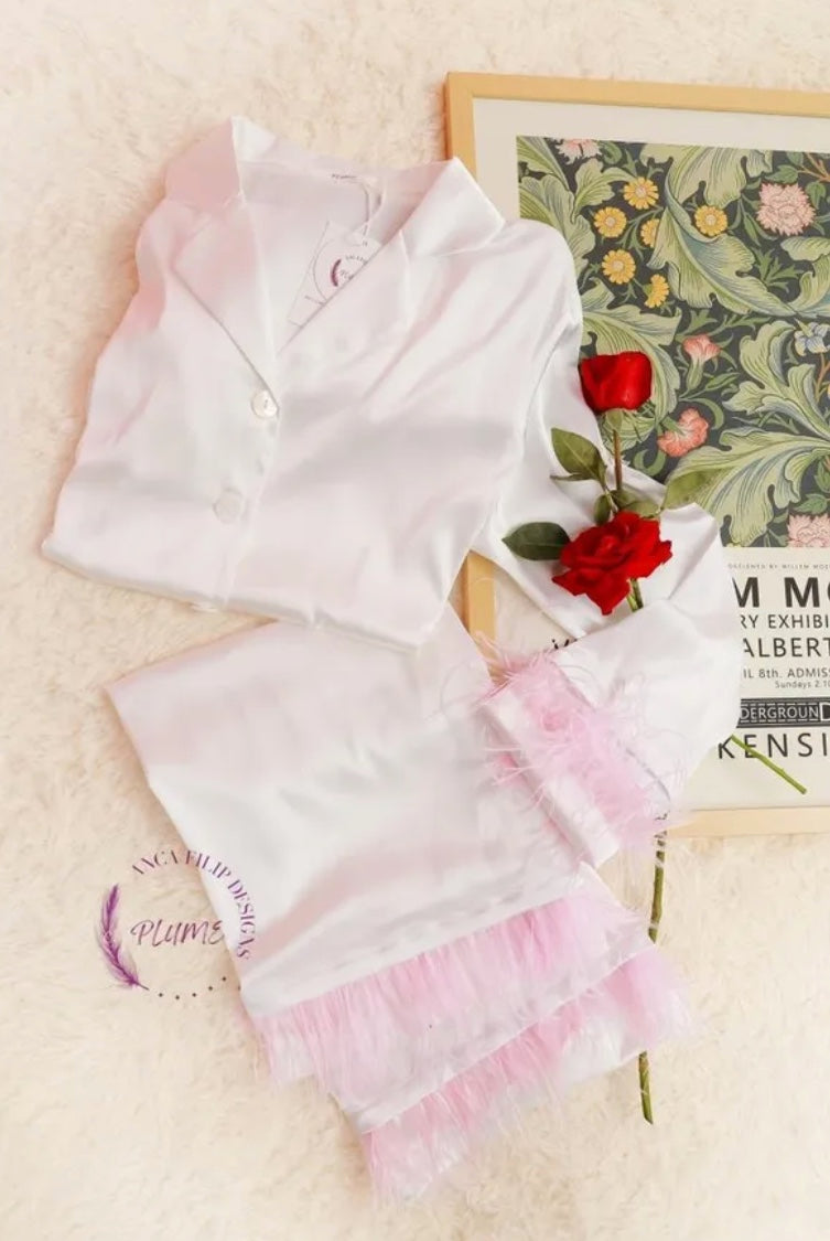 White with Pink Feather Pajamas