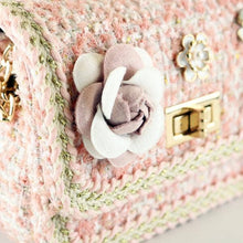 Load image into Gallery viewer, Floral Brooch Tweed Purse Pink
