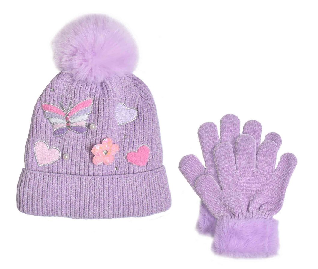 Lavender Butterfly Applique Hat & Glove Set