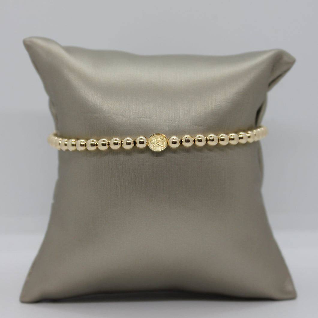 Elastic Gold Filled Beaded Bracelet with 14K Yellow Gold Mini Angel Medal