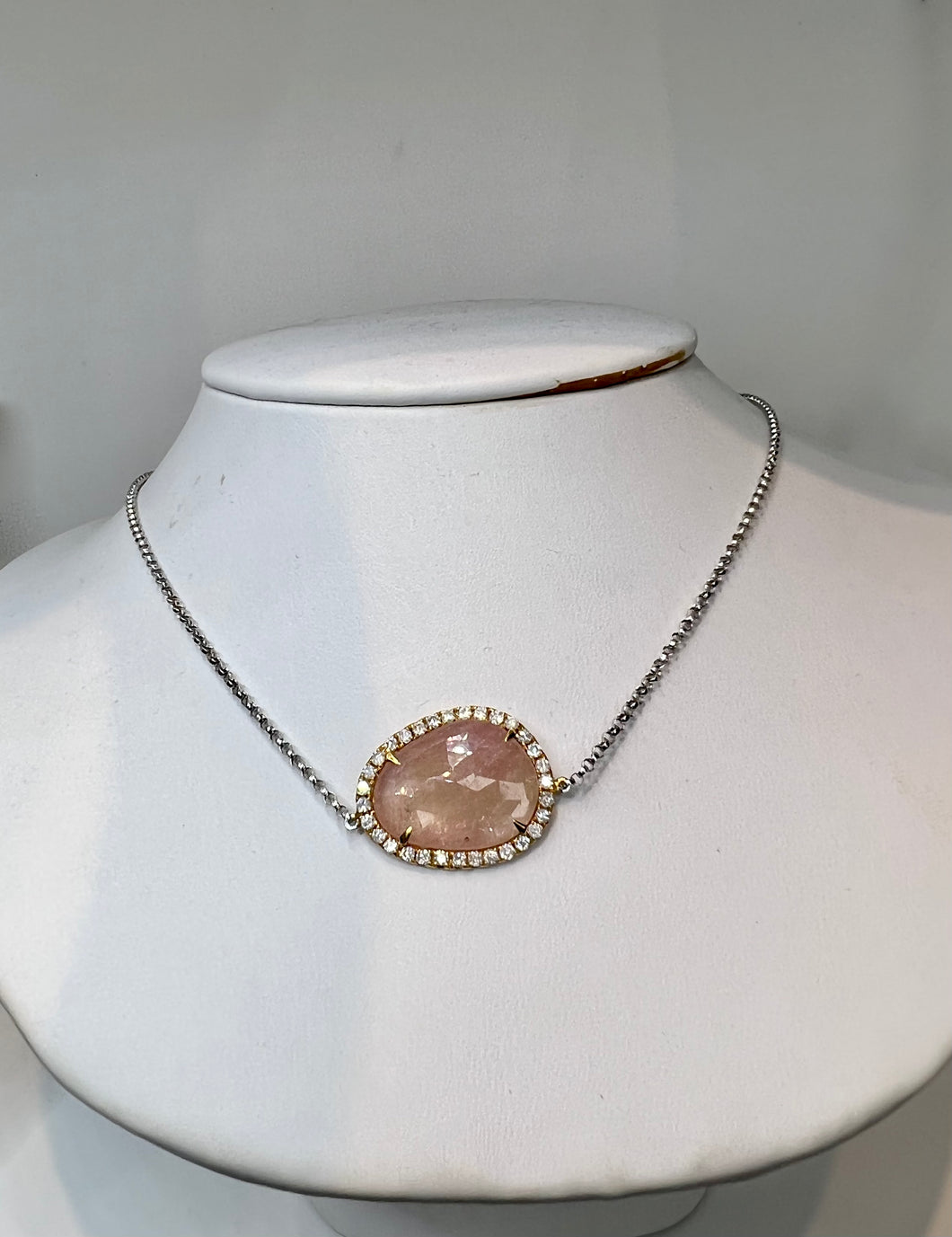Large Pink Stone with Diamond Halo Necklace