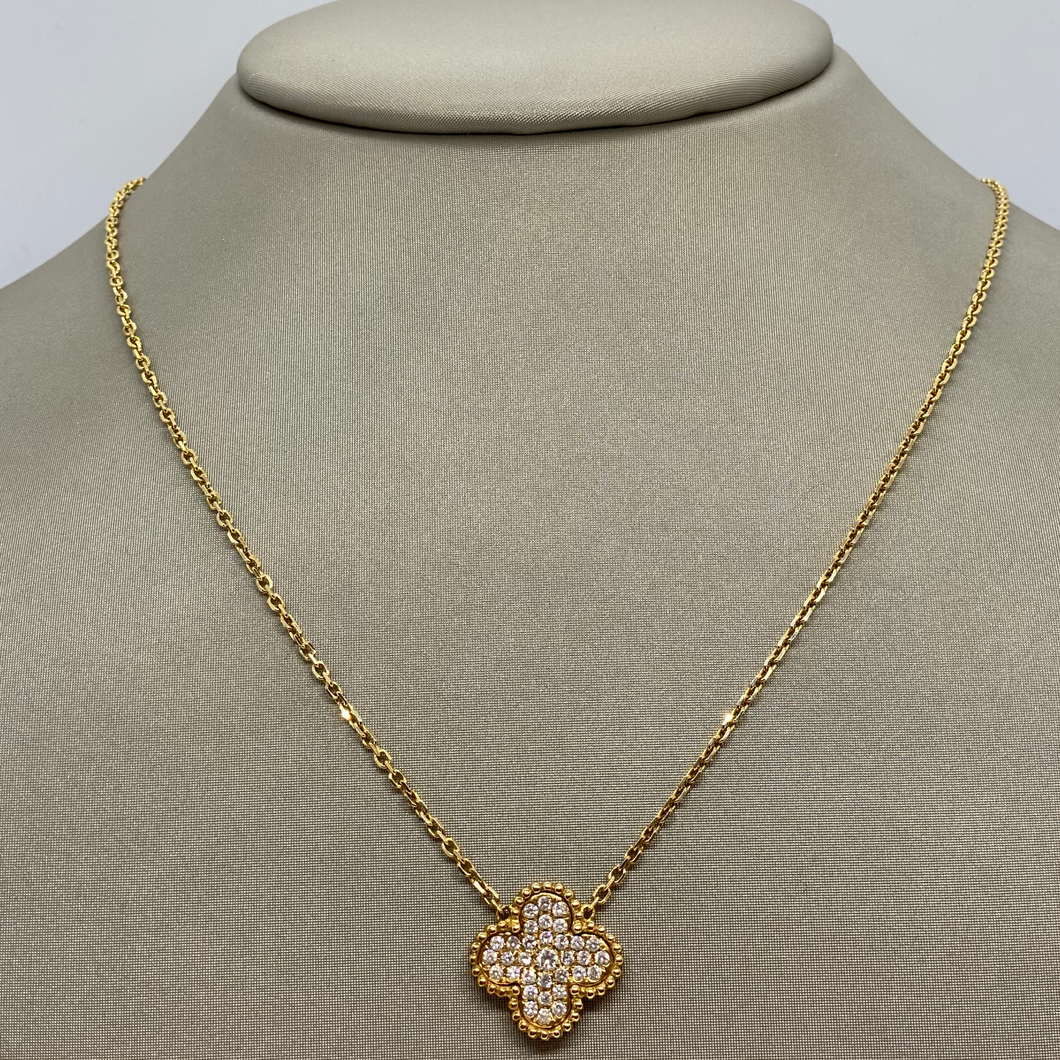 18K Yellow Gold and Diamond Clover Necklace