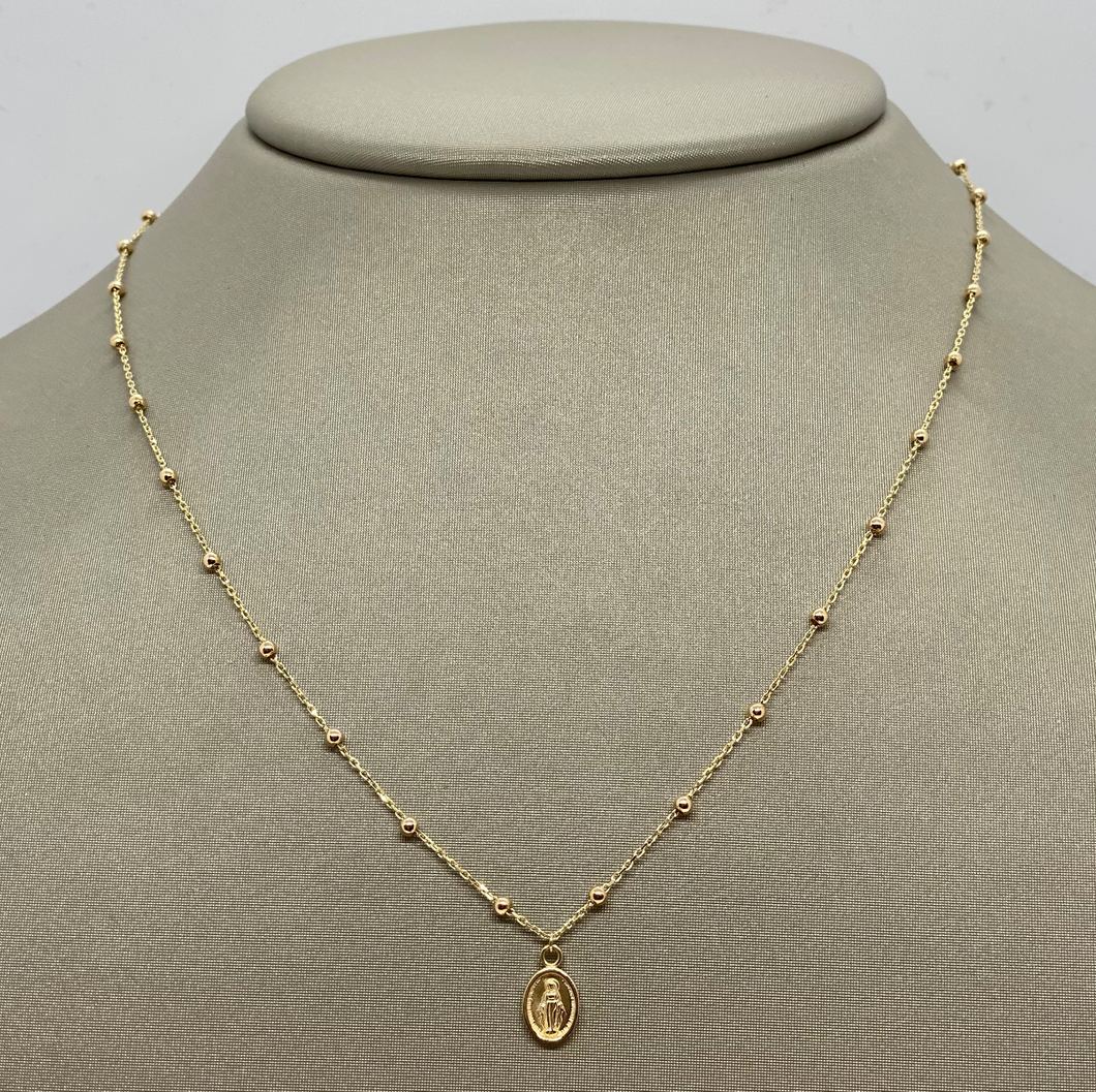 14K Yellow Gold Mini Station Bead Necklace with Miraculous Medal